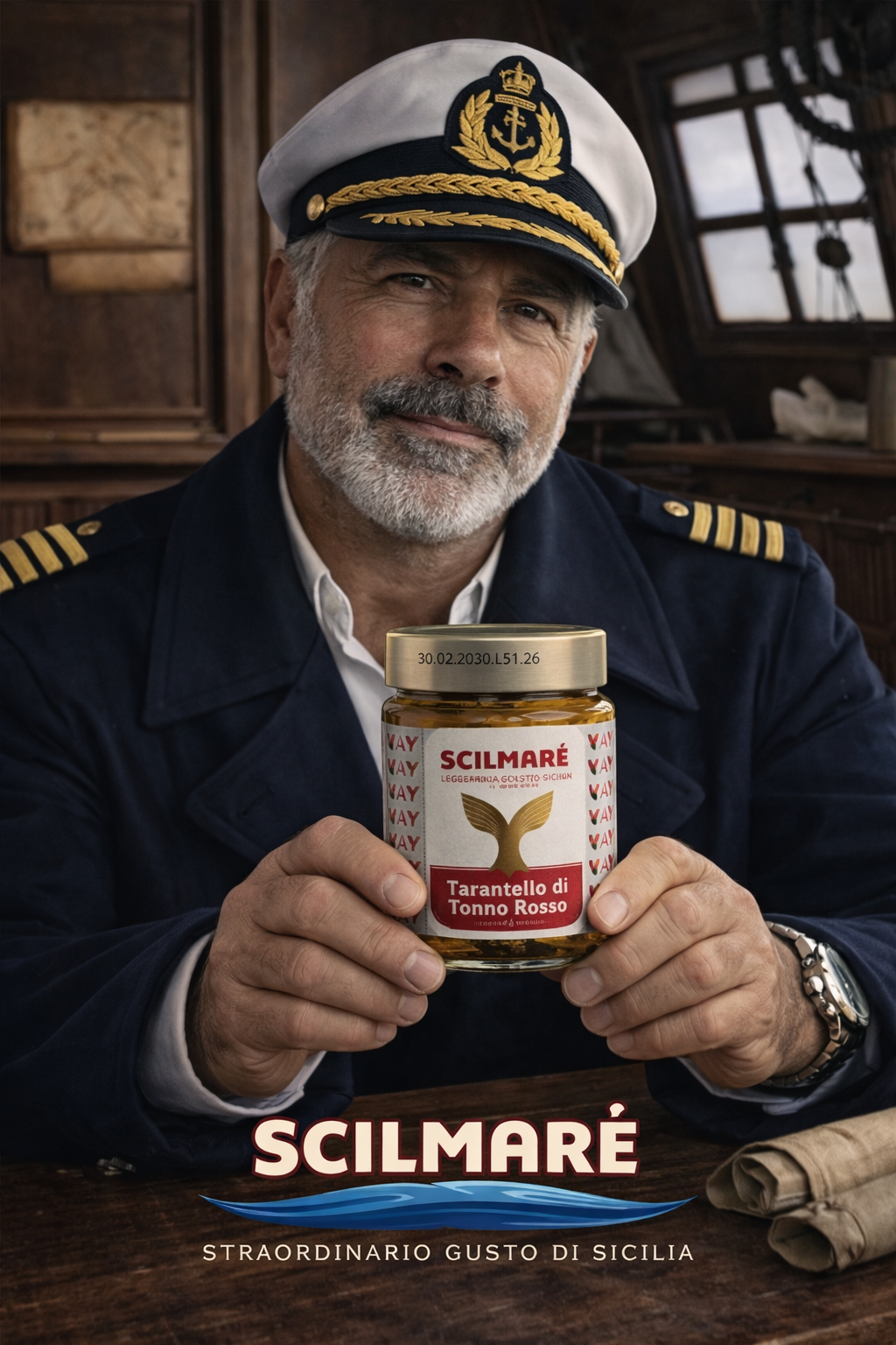 Capitano Scilmarè con vasetto di tonno rosso sott’olio