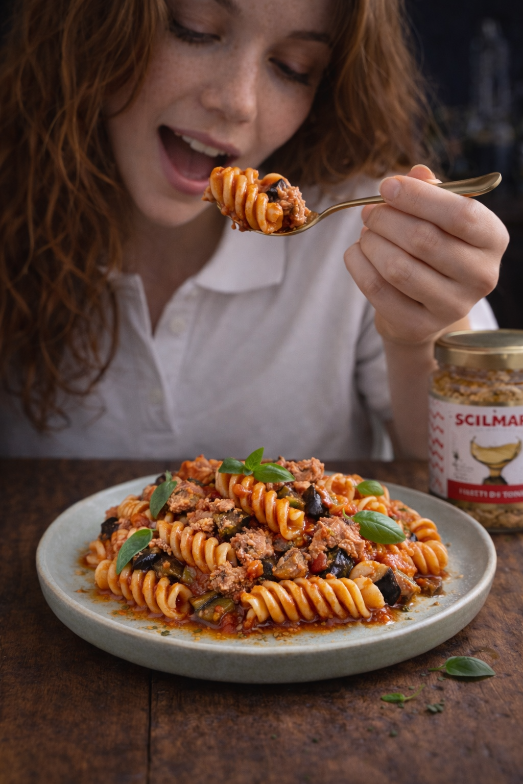 Fusilloni con melanzane, tonno Scilmarè, pomodoro e basilico