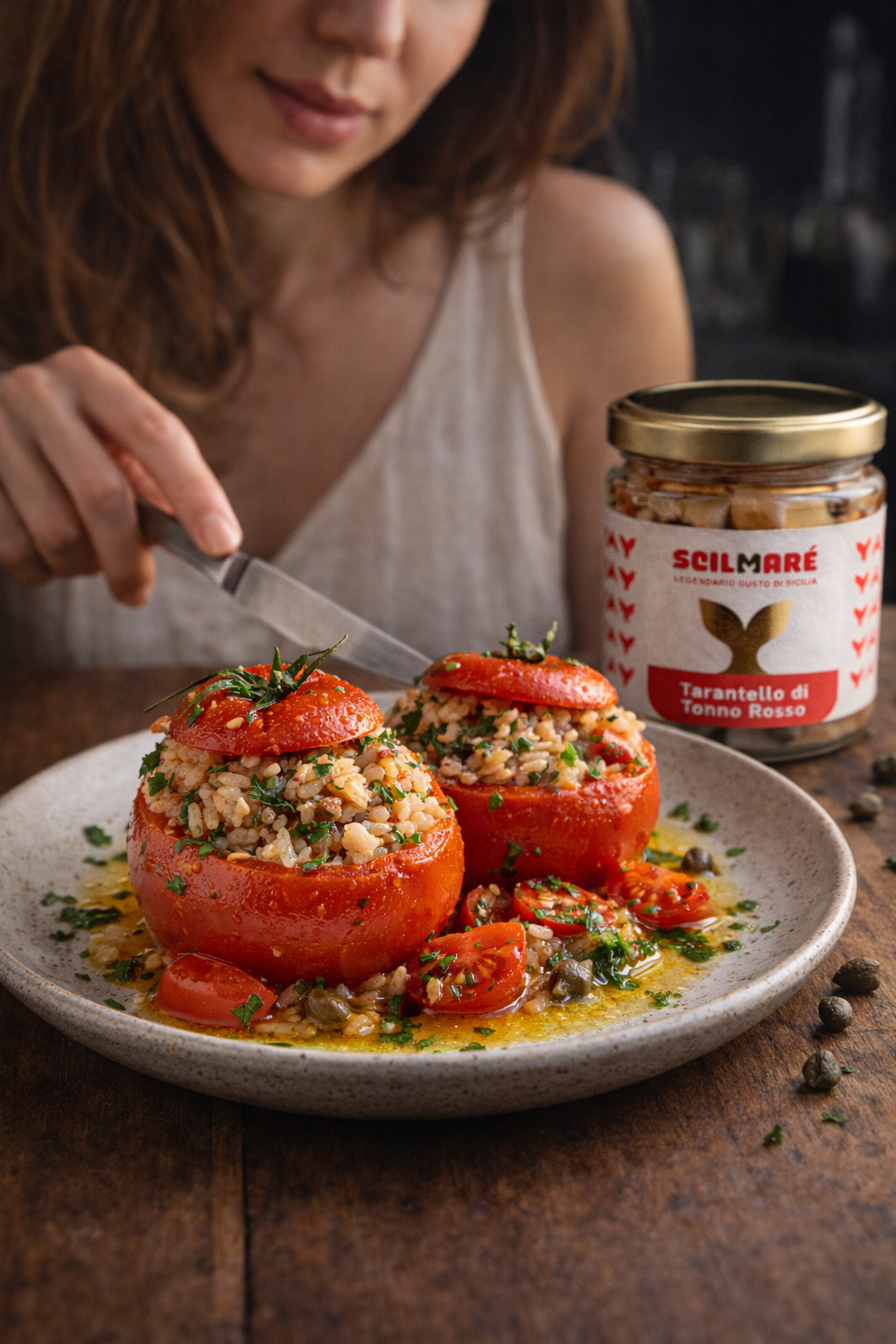 Pomodoro ripieno di riso con tonno Scilmarè